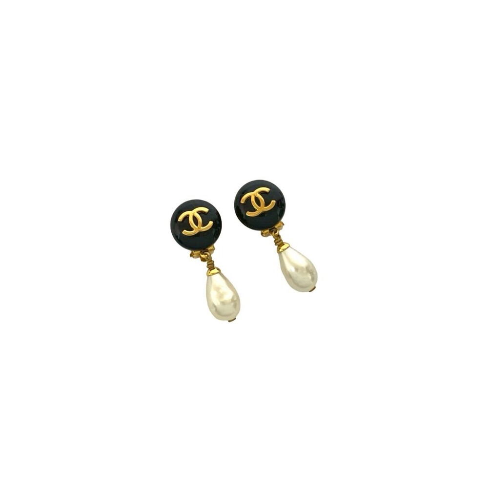 CHANEL Authentic Vintage Black Pearl Logo Earrings - Picture 3 of 4
